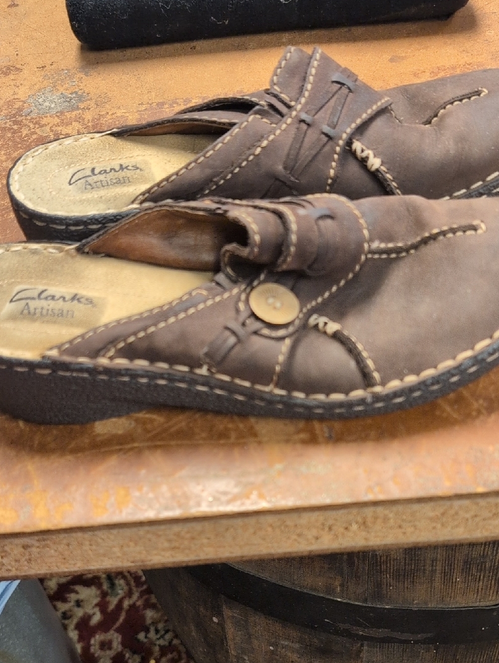 Clarks Brown Leather Slip-On Mule with Button Detail